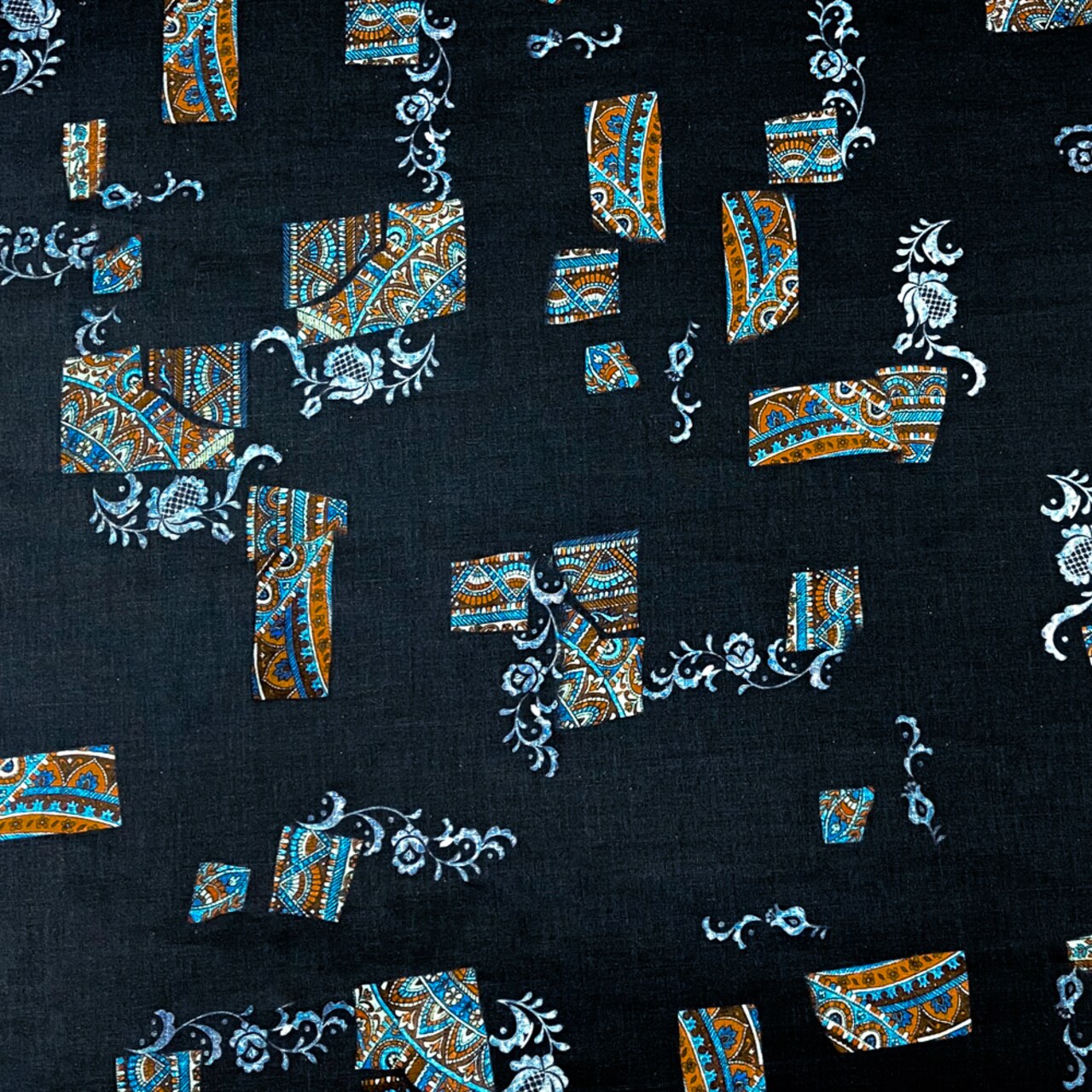 Deep Navy-Orange-Multi Abstract Moroccan Tile Printed Linen Woven Fabric By the Yard